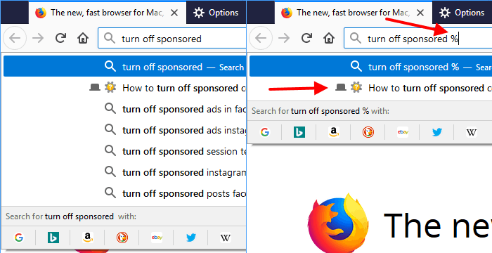 control and change the Firefox address bar search results